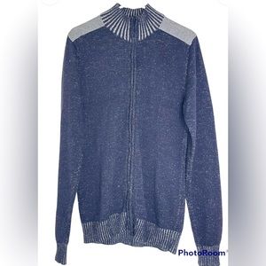 Mens Size Large Bleu Ice Blue and Grey Heathered Zip Up 100% Cotton Sweater